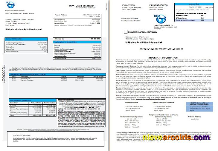 Algeria Banque exterieure d'Algerie bank mortgage statement, 3 pages 1-2